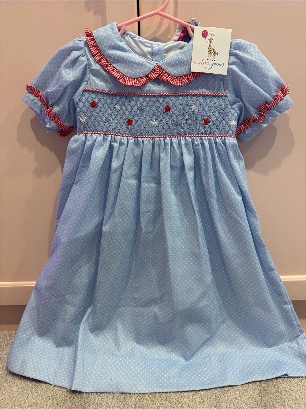 Light Blue Polka Dot Smocked Dress with Red Trim - Kids Formal